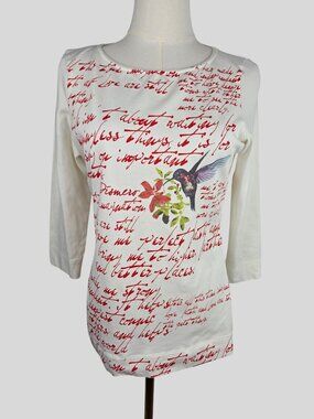Dismero Italy Stretch‎ Top 3/4 Sleeve Graphic M Hummingbird Floral Script Art
